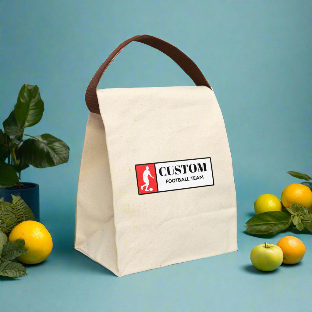 Canvas Lunch Bag, Soccer Football Personalized Name Gift for Sports Fan, Team Spirit Bento Box with Utensils, Custom Lunch Tote, Insulated