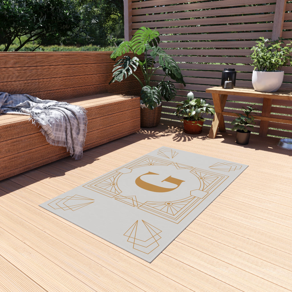 Art Deco Initials Outdoor Rug, Whisper Gray and Gold Home Decor Accent, Elegant Monogram Area Carpet, Unique Housewarming Gift, Stylish Custom