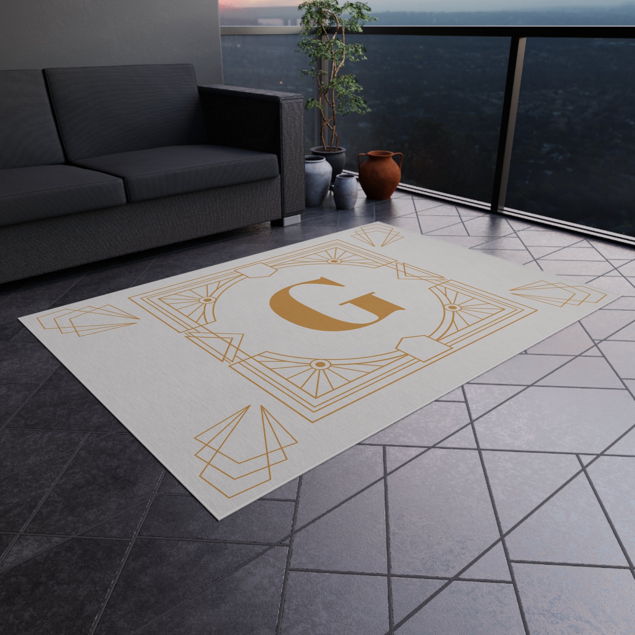Art Deco Initials Outdoor Rug, Whisper Gray and Gold Home Decor Accent, Elegant Monogram Area Carpet, Unique Housewarming Gift, Stylish Custom