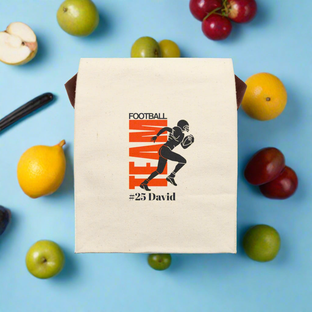 Canvas pouch with football design and text on a white background