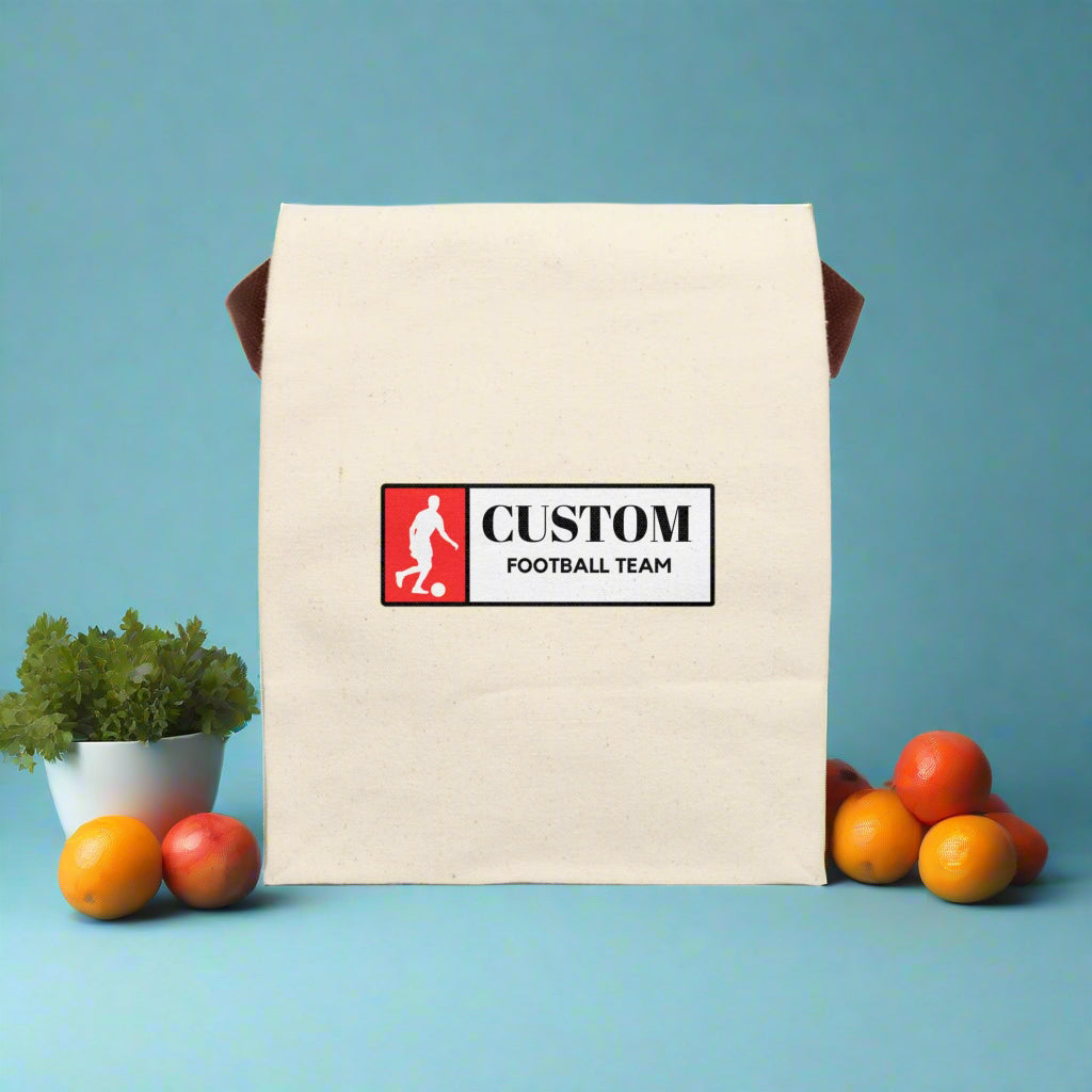 Beige pouch with a custom football team label on a white background