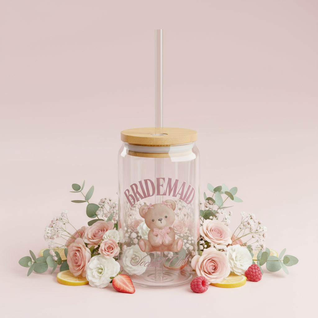 Custom Event Sipper Glass, 16oz | Personalized Drinkware, Cute Teddy Bear, Baby Shower Gift, Party Favor, Kids Birthday Celebration