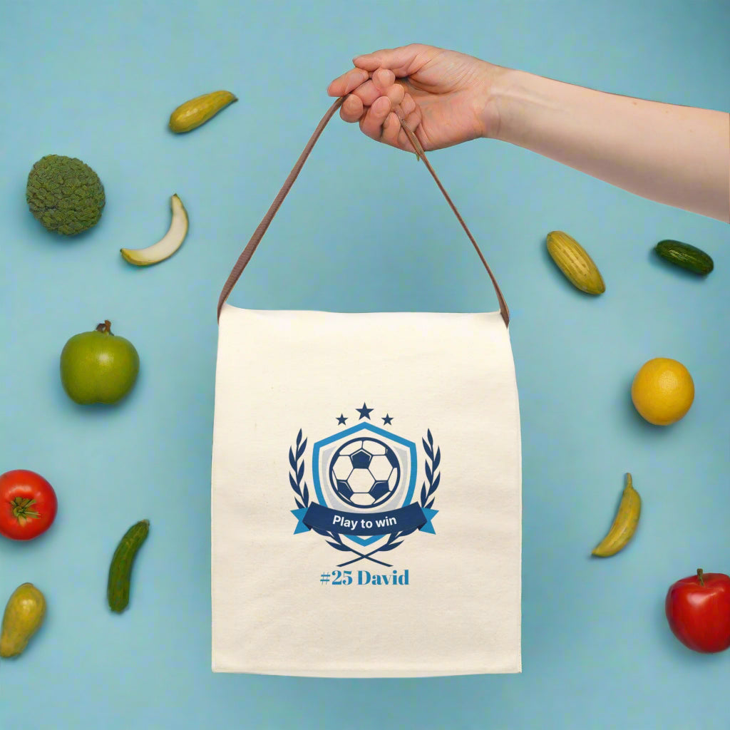 Canvas Lunch Bag, Soccer Football Personalized Name Gift for Sports Fan, Team Spirit Bento Box with Utensils, Custom Lunch Tote, Insulated