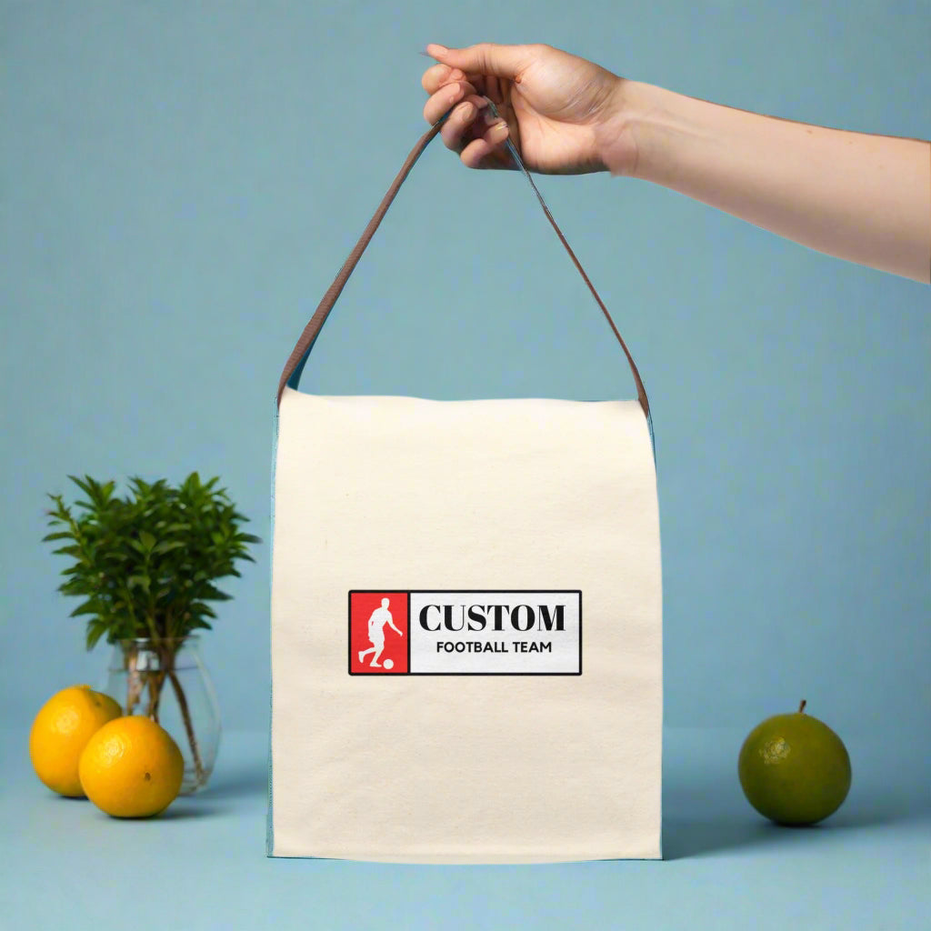 Canvas Lunch Bag, Soccer Football Personalized Name Gift for Sports Fan, Team Spirit Bento Box with Utensils, Custom Lunch Tote, Insulated