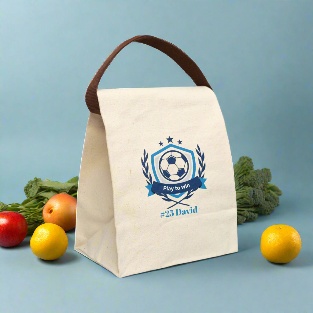 Canvas Lunch Bag, Soccer Football Personalized Name Gift for Sports Fan, Team Spirit Bento Box with Utensils, Custom Lunch Tote, Insulated