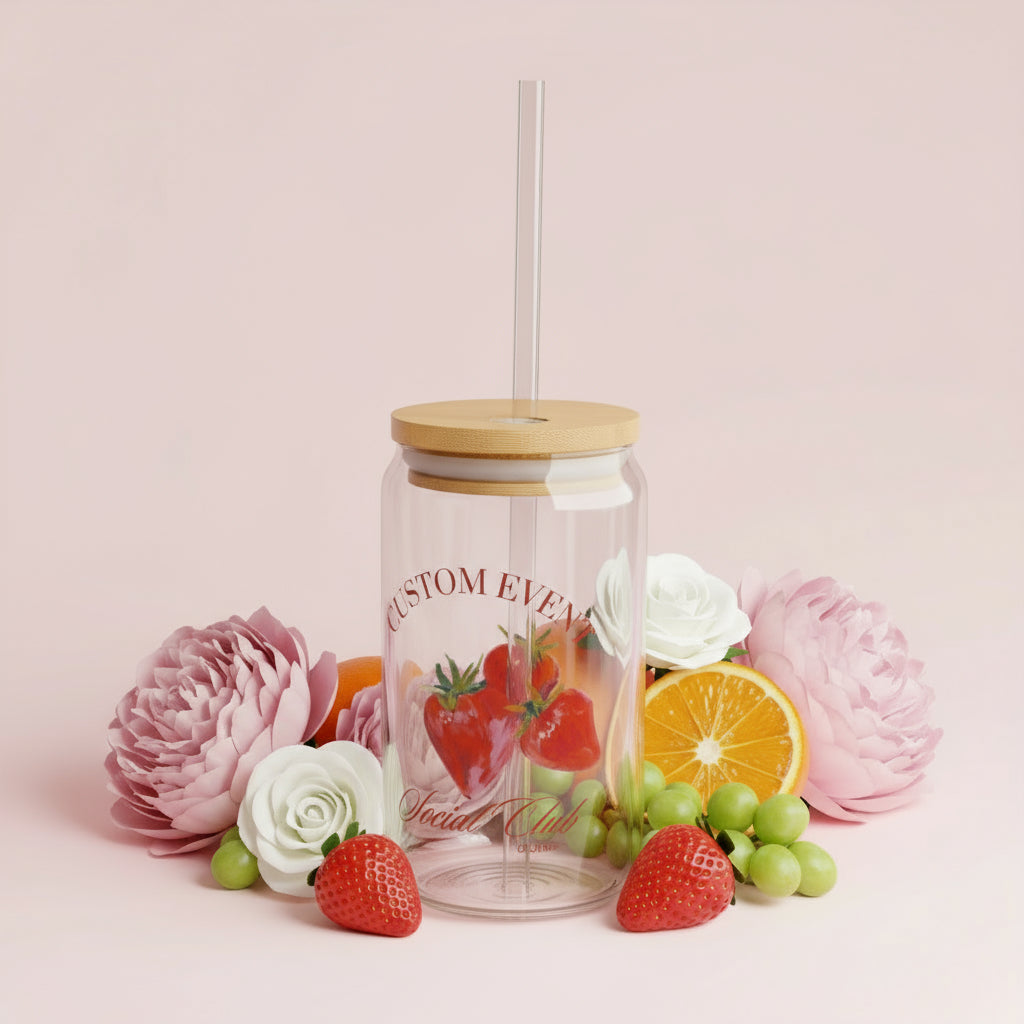 Personalized Strawberry Sipper Glass, 16oz - Custom Name City Event Gift Holiday, Red Fruit Kitchen Decor, Summer Picnic Cup, Birthday Party