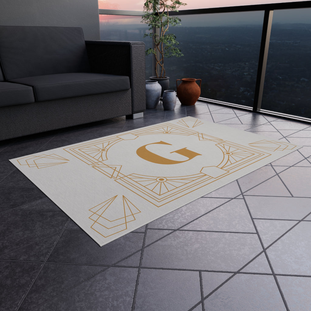 Art Deco Initials Outdoor Rug, Whisper Gray and Gold Home Decor Accent, Elegant Monogram Area Carpet, Unique Housewarming Gift, Stylish Custom