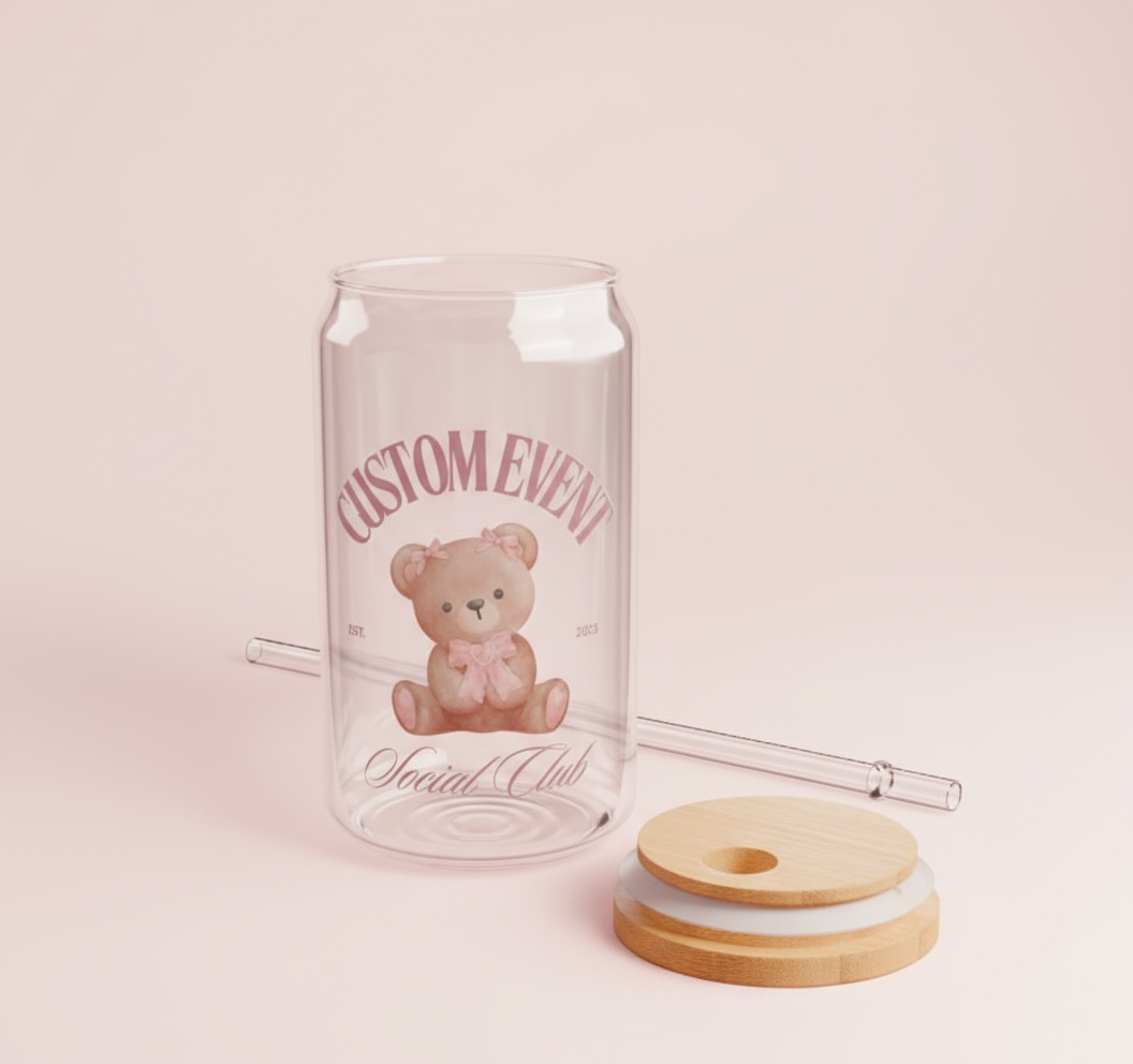 Custom Event Sipper Glass, 16oz | Personalized Drinkware, Cute Teddy Bear, Baby Shower Gift, Party Favor, Kids Birthday Celebration