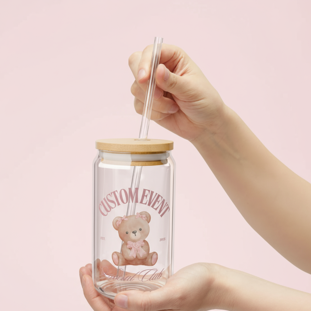 Custom Event Sipper Glass, 16oz | Personalized Drinkware, Cute Teddy Bear, Baby Shower Gift, Party Favor, Kids Birthday Celebration