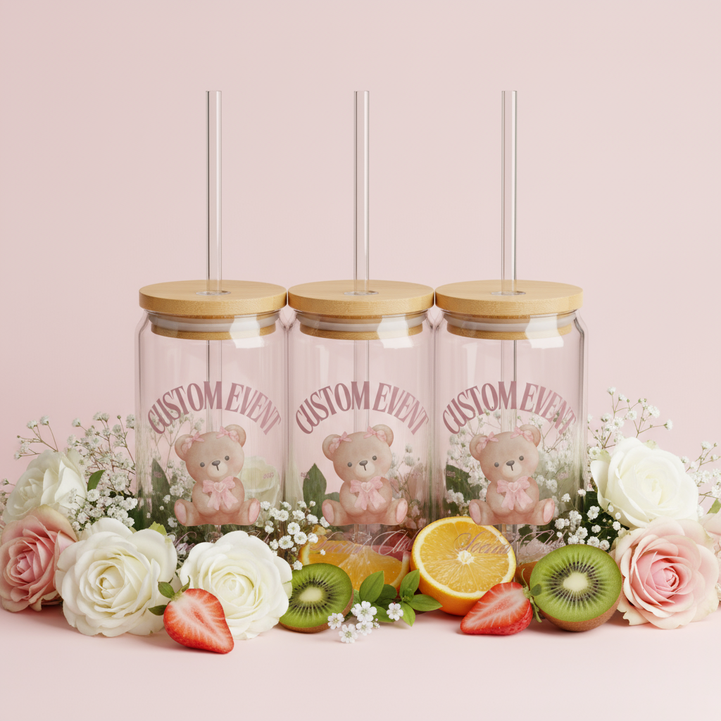 Custom Event Sipper Glass, 16oz | Personalized Drinkware, Cute Teddy Bear, Baby Shower Gift, Party Favor, Kids Birthday Celebration