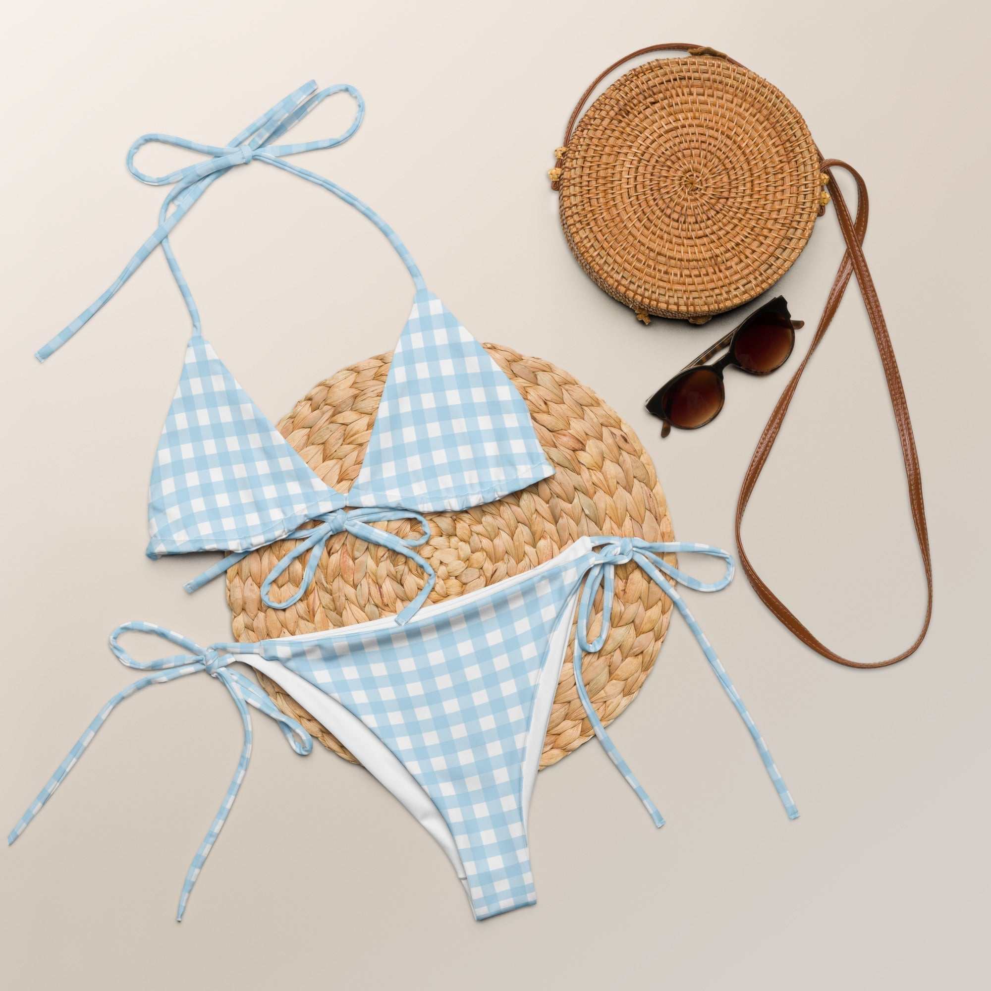 Blue Gingham Check String Bikini Set – Classic Two - Piece Swimsuit with UPF 50+ - Vicky Garden