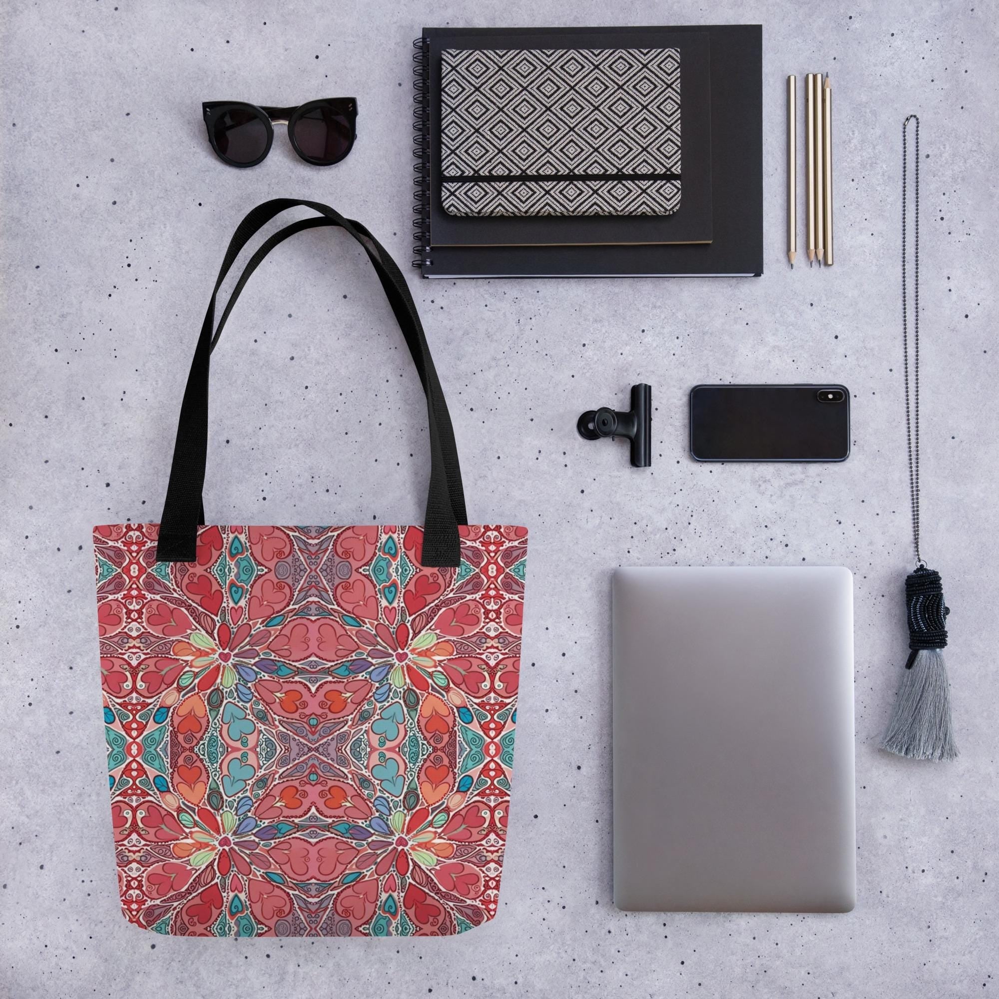 Boho Mandala Tote Bag – Colorful Art Print Shoulder Bag, Reusable Shopping Bag, Gift for Her Him Hearts - Vicky Garden