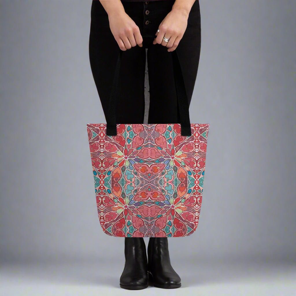 Boho Mandala Tote Bag – Colorful Art Print Shoulder Bag, Reusable Shopping Bag, Gift for Her Him Hearts - Vicky Garden