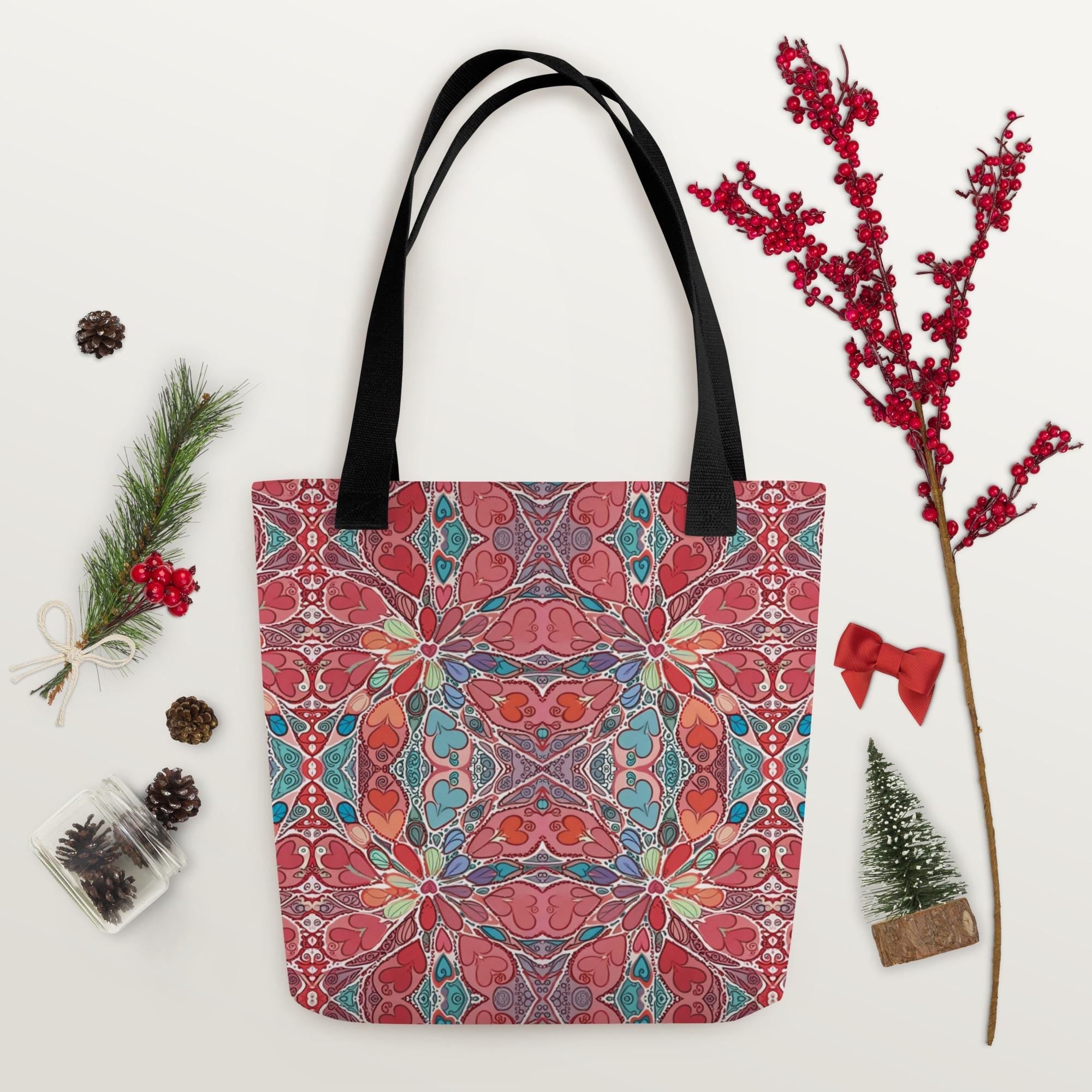 Boho Mandala Tote Bag – Colorful Art Print Shoulder Bag, Reusable Shopping Bag, Gift for Her Him Hearts - Vicky Garden