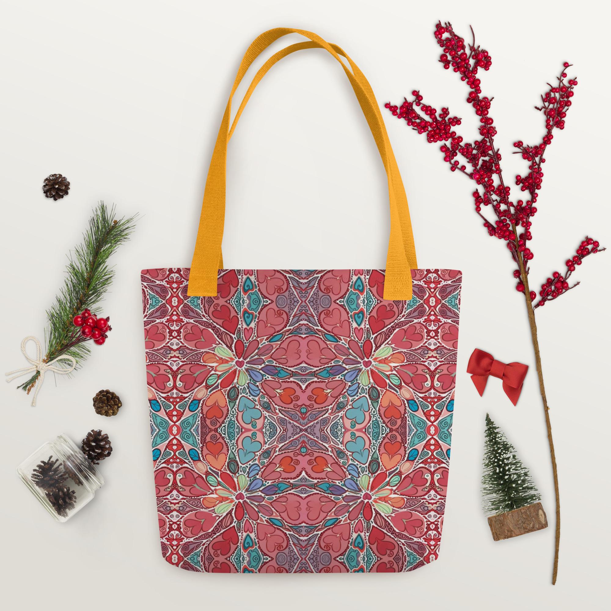 Boho Mandala Tote Bag – Colorful Art Print Shoulder Bag, Reusable Shopping Bag, Gift for Her Him Hearts - Vicky Garden