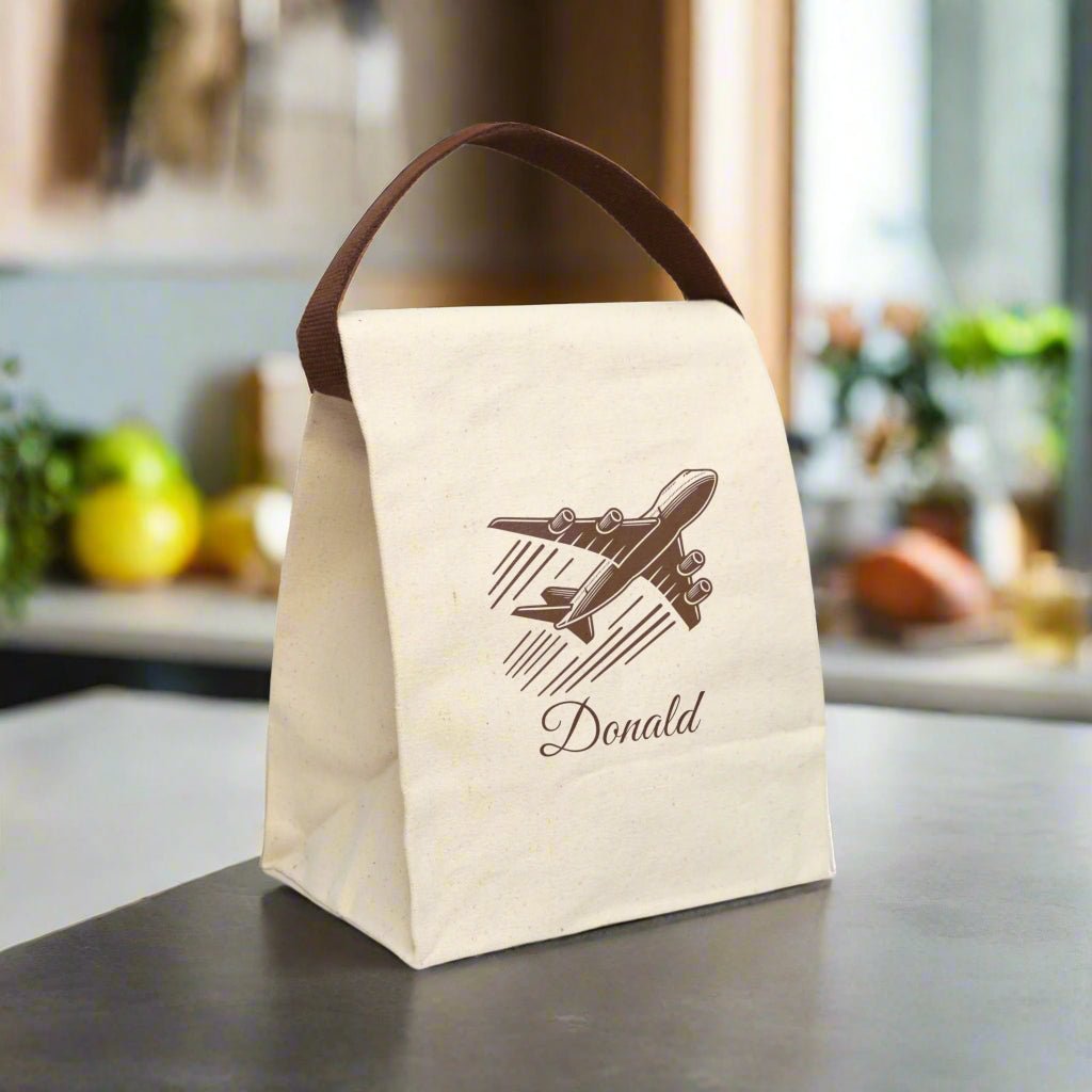 Canvas Lunch Bag, Airplane Personalized Name Customizable, Travel Insulated Tote, School Work Lunchbox, Gift for Pilot Aviator, Plane Theme - Vicky Garden