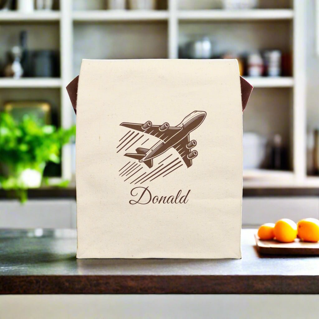 Canvas Lunch Bag, Airplane Personalized Name Customizable, Travel Insulated Tote, School Work Lunchbox, Gift for Pilot Aviator, Plane Theme - Vicky Garden