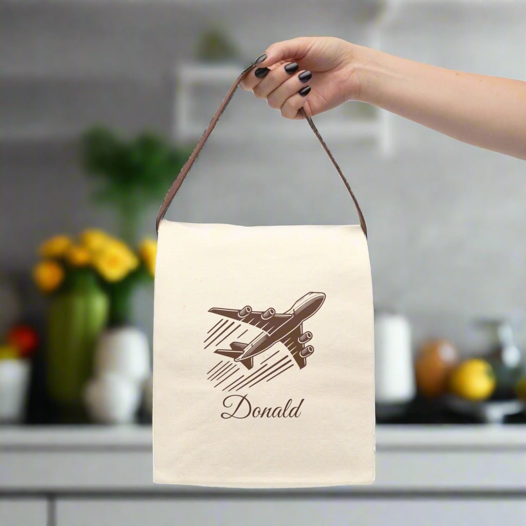 Canvas Lunch Bag, Airplane Personalized Name Customizable, Travel Insulated Tote, School Work Lunchbox, Gift for Pilot Aviator, Plane Theme - Vicky Garden