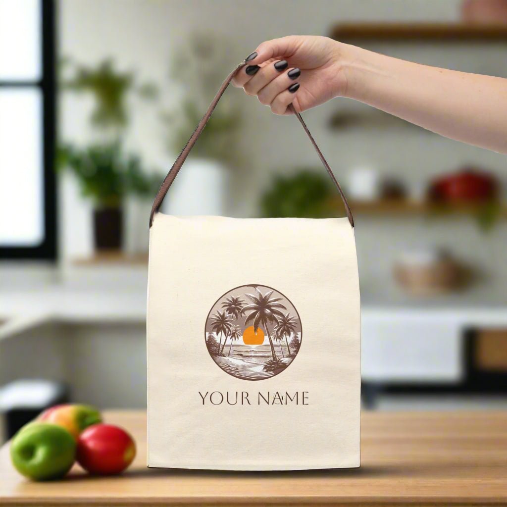 Canvas Lunch Bag, Personalize Your Name, Beach Sunset Design, Custom Insulated Tote, Picnic Food Holder, Work Lunchbox Organizer, School - Vicky Garden