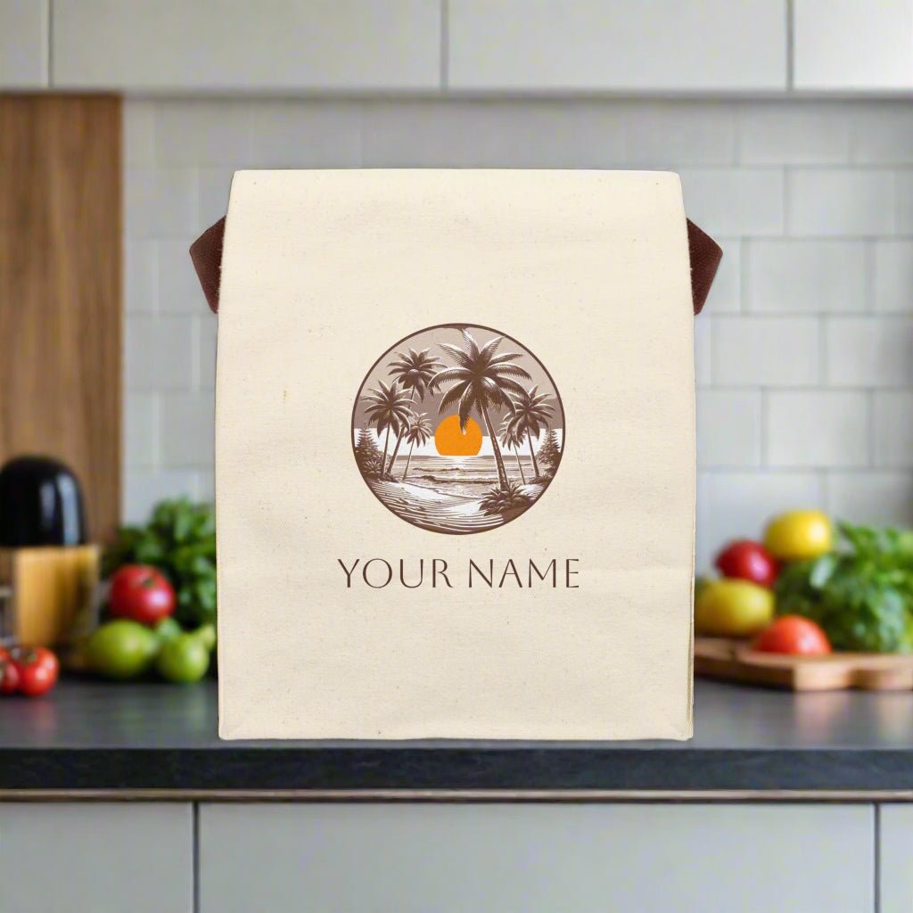 Canvas Lunch Bag, Personalize Your Name, Beach Sunset Design, Custom Insulated Tote, Picnic Food Holder, Work Lunchbox Organizer, School - Vicky Garden