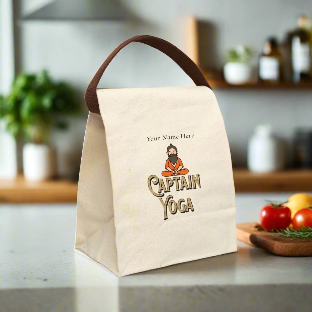 Captain Yoga, Canvas Lunch Bag, Personalized Box Lunchbox with Strap - Vicky Garden