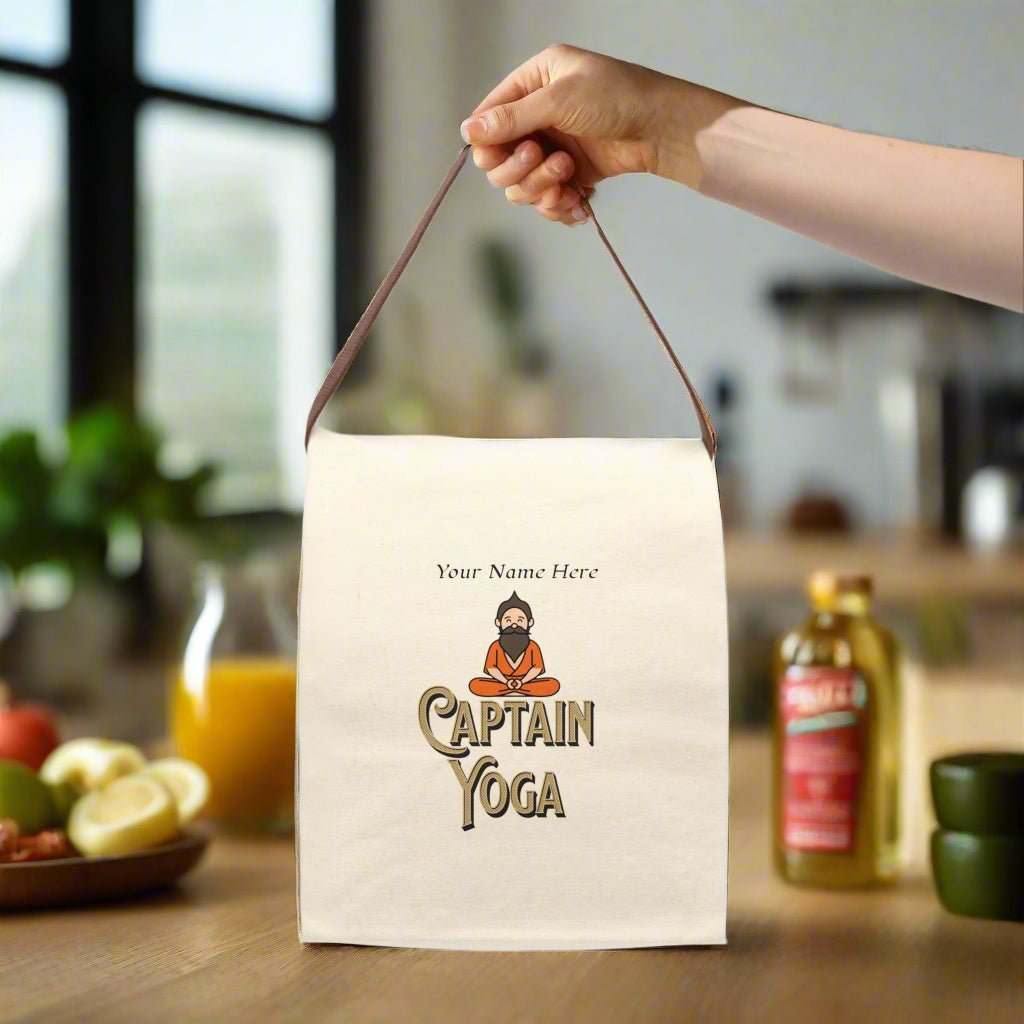 Captain Yoga, Canvas Lunch Bag, Personalized Box Lunchbox with Strap - Vicky Garden