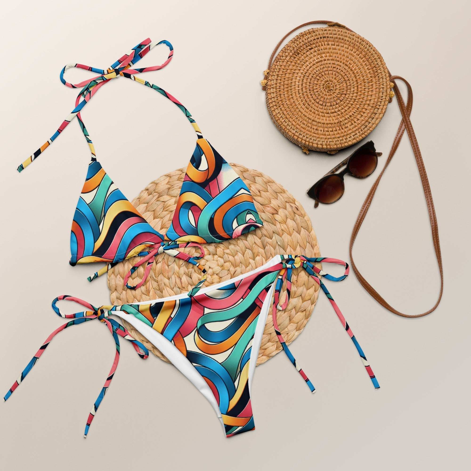 Colorful Retro Swirl String Bikini Set – Vibrant 70s - Inspired Two - Piece Swimsuit with UPF 50+ - Vicky Garden