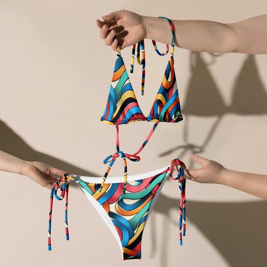 Colorful Retro Swirl String Bikini Set – Vibrant 70s - Inspired Two - Piece Swimsuit with UPF 50+ - Vicky Garden