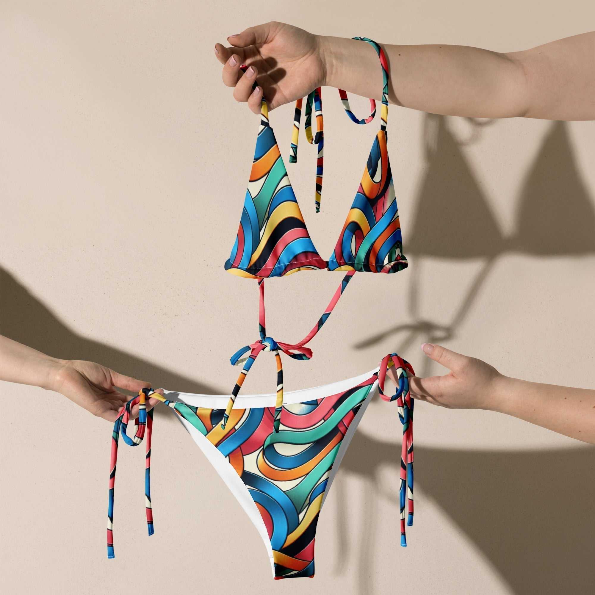 Colorful Retro Swirl String Bikini Set – Vibrant 70s - Inspired Two - Piece Swimsuit with UPF 50+ - Vicky Garden