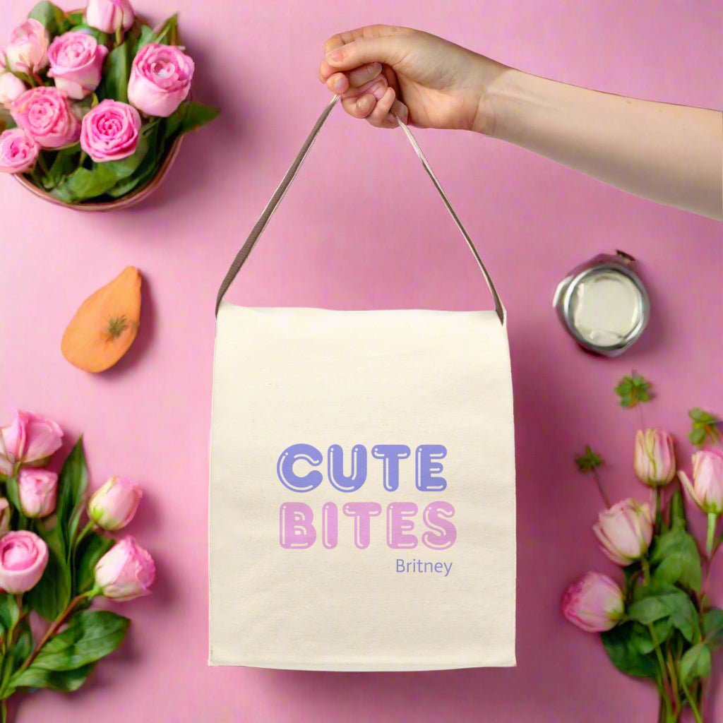 Cute Bites Canvas Lunch Bag with Strap | Personalized Tote, Eco - Friendly Lunchbox, Kids Bag, Back to School, Unique Gift - Vicky Garden