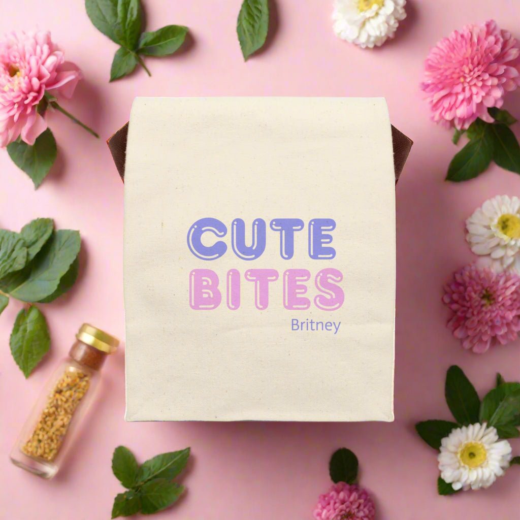 Cute Bites Canvas Lunch Bag with Strap | Personalized Tote, Eco - Friendly Lunchbox, Kids Bag, Back to School, Unique Gift - Vicky Garden