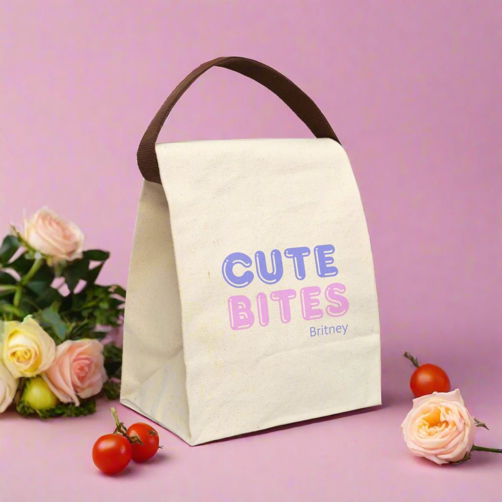 Cute Bites Canvas Lunch Bag with Strap | Personalized Tote, Eco - Friendly Lunchbox, Kids Bag, Back to School, Unique Gift - Vicky Garden