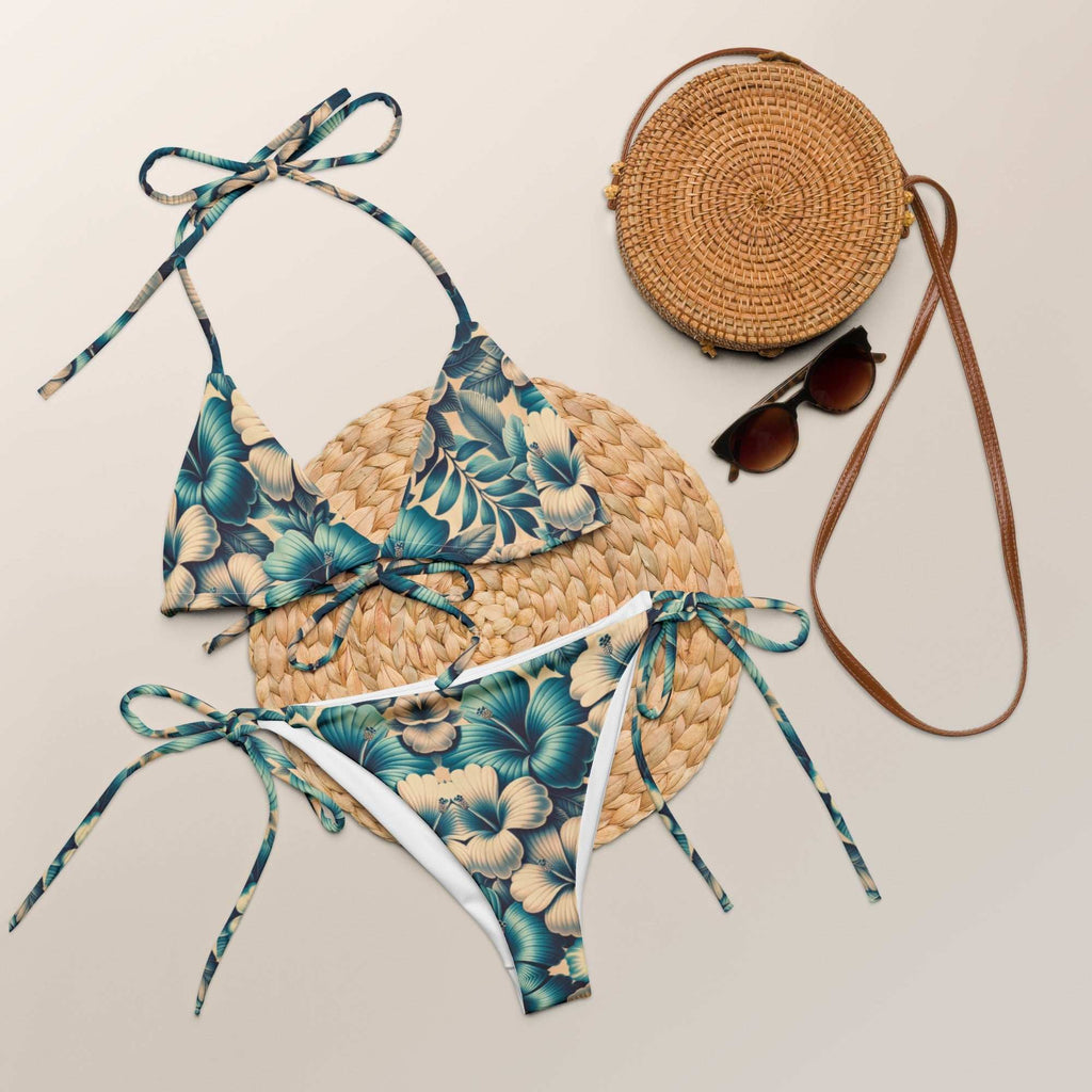 Elegant Tropical Blue Floral String Bikini Set – Chic Two - Piece Swimsuit with UPF 50+ - Vicky Garden
