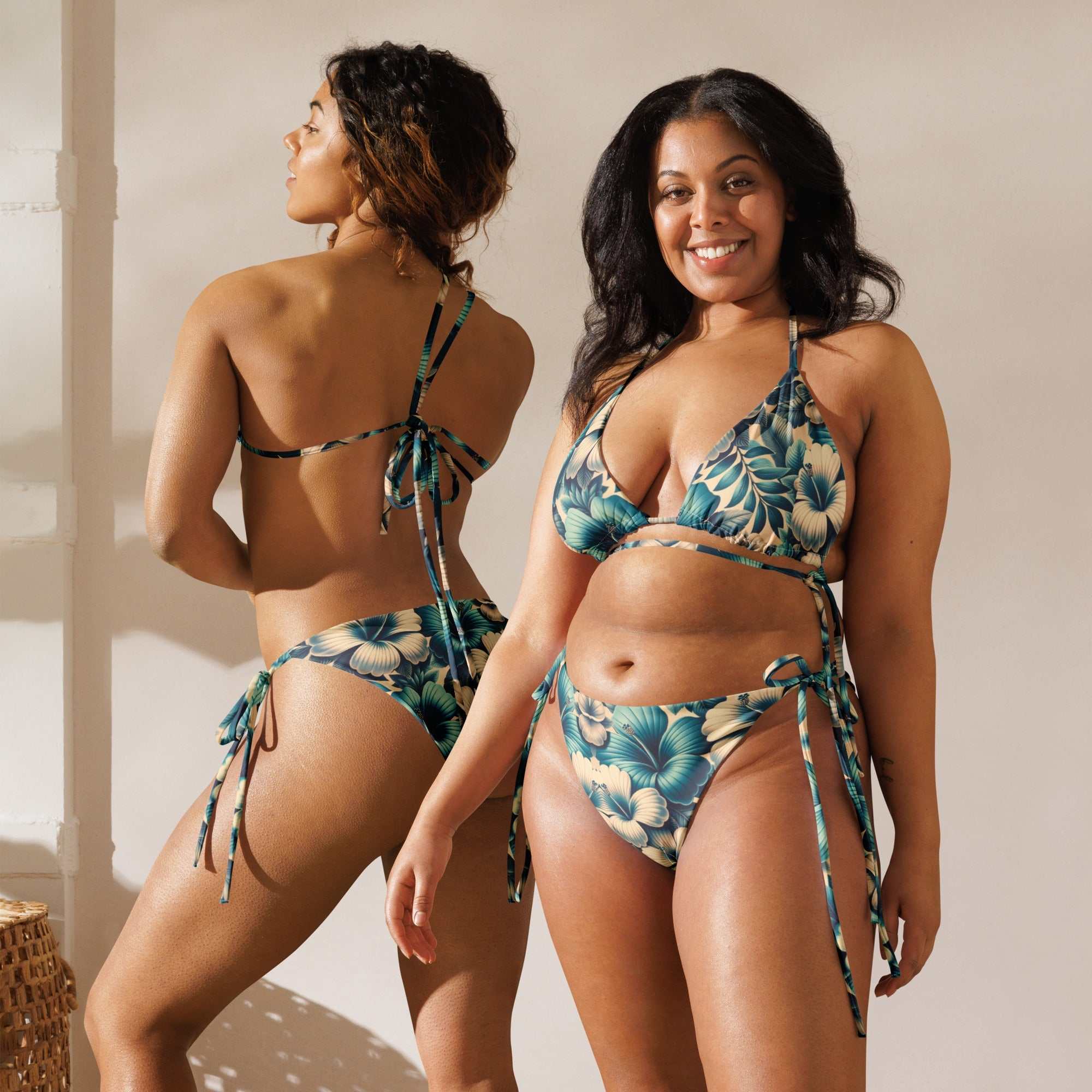 Elegant Tropical Blue Floral String Bikini Set – Chic Two - Piece Swimsuit with UPF 50+ - Vicky Garden