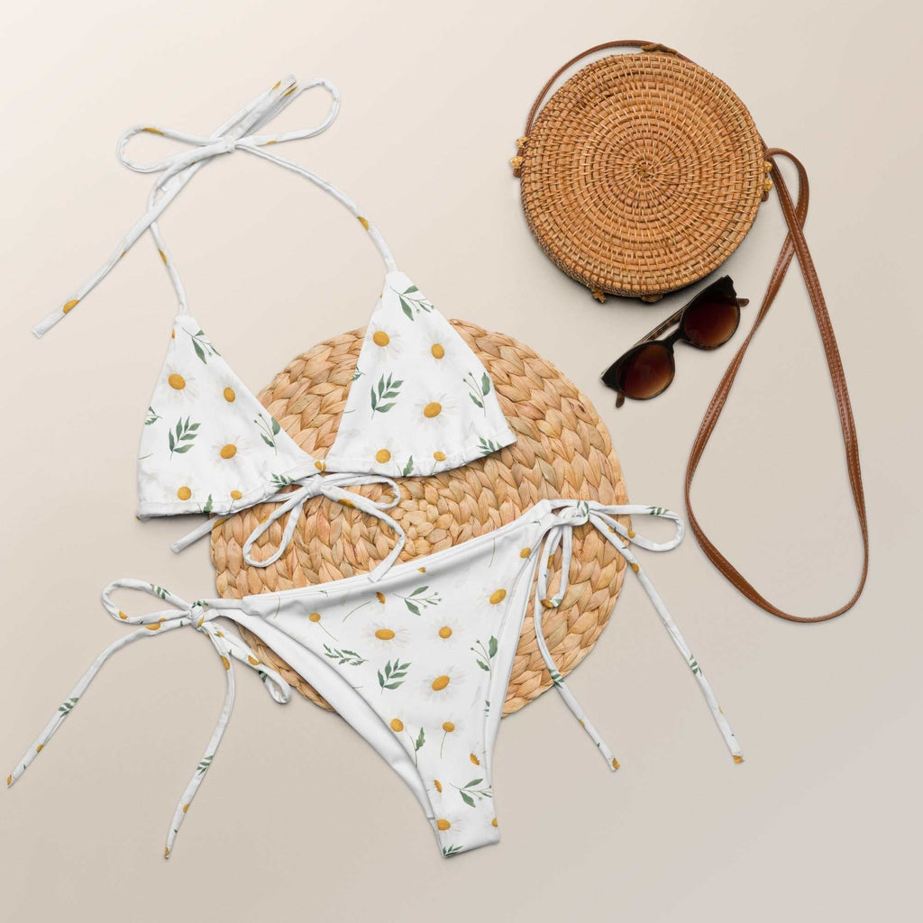Floral Print String Bikini Set – White Daisy Swimsuit for Women | Trendy Two - Piece Swimwear - Vicky Garden