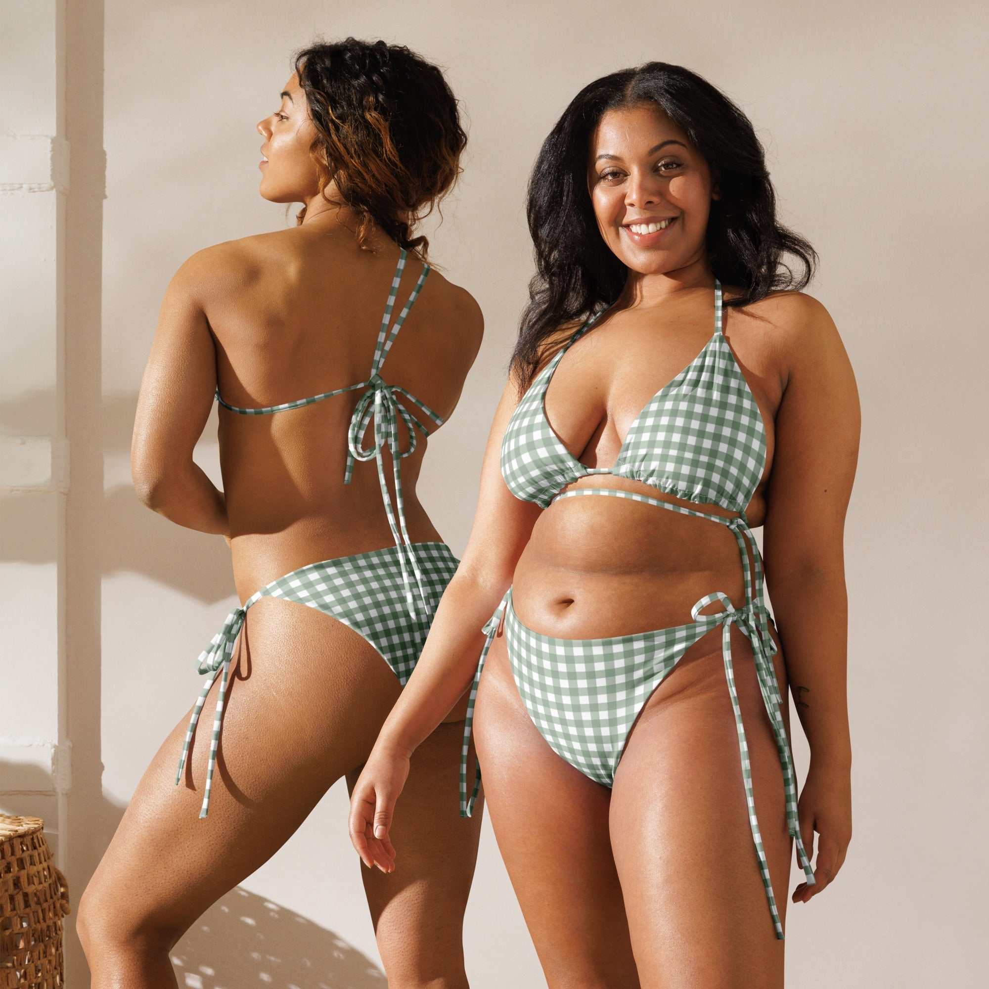 Gingham Check String Bikini Set – Green Plaid Two - Piece Swimsuit with UPF 50+ - Vicky Garden