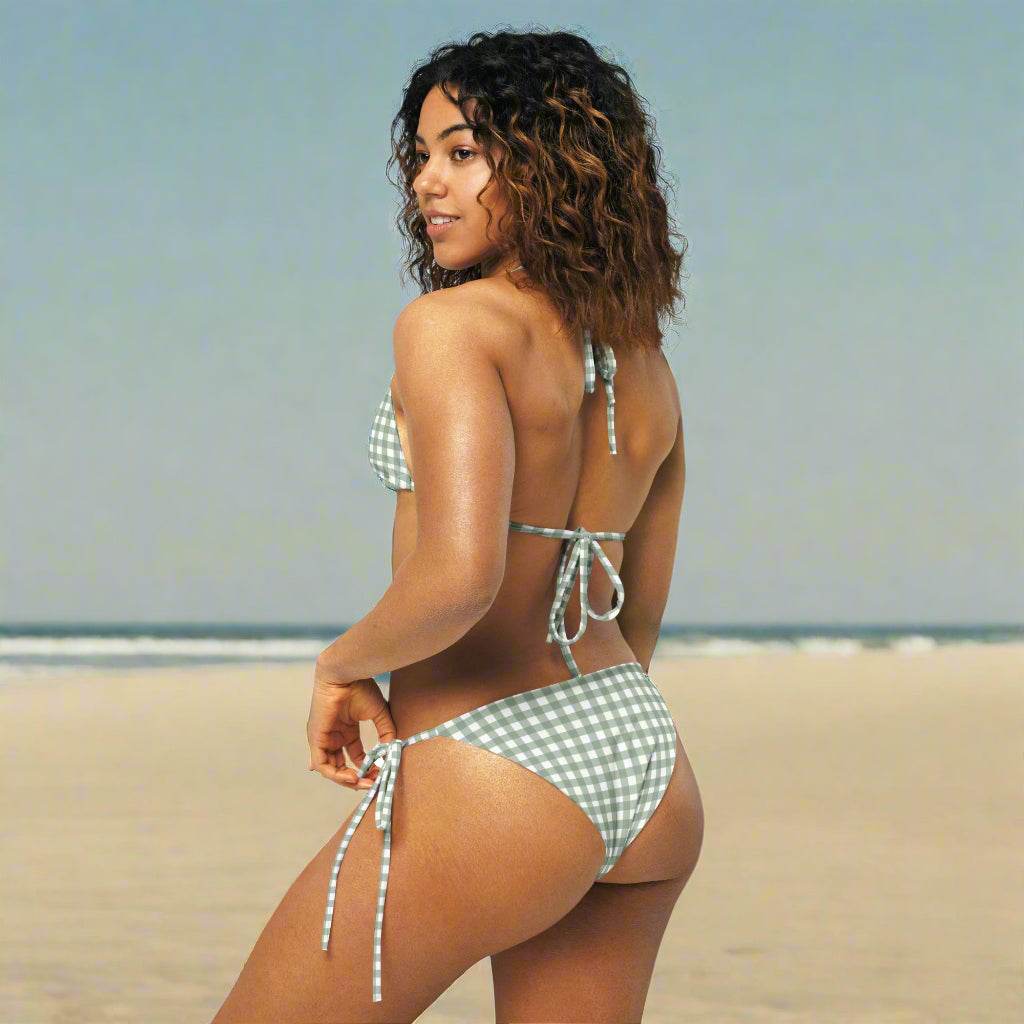 Gingham Check String Bikini Set – Green Plaid Two - Piece Swimsuit with UPF 50+ - Vicky Garden