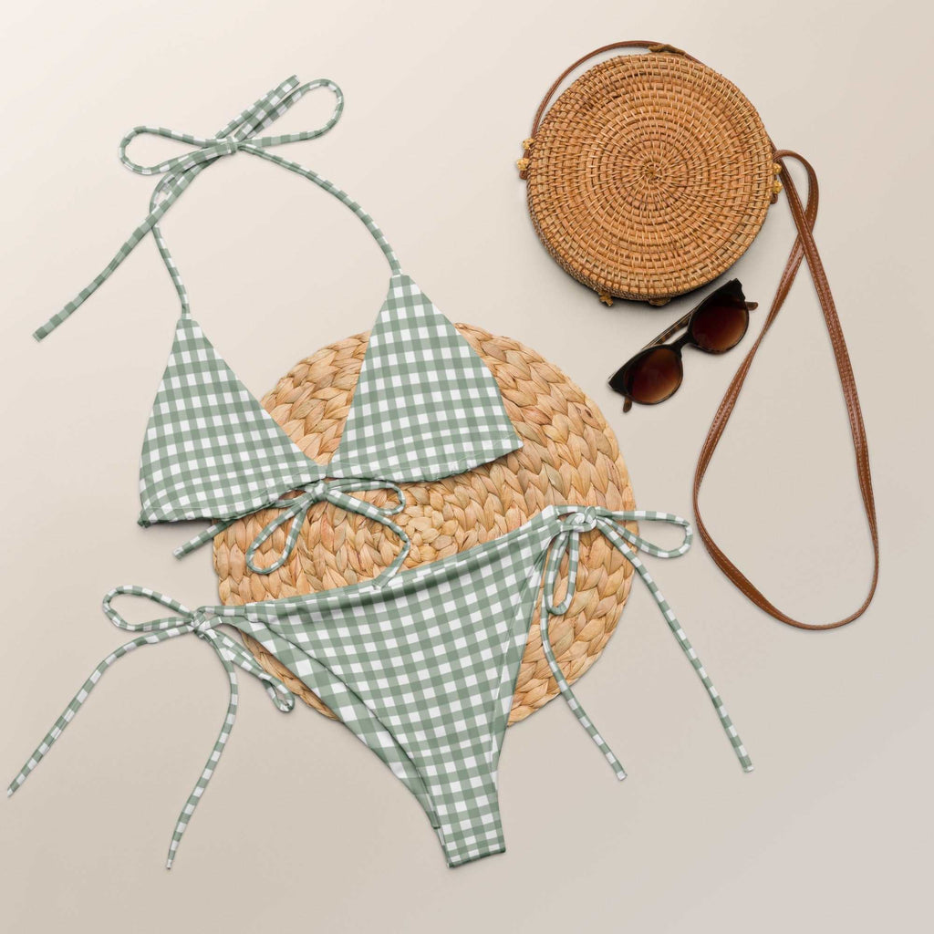 Gingham Check String Bikini Set – Green Plaid Two - Piece Swimsuit with UPF 50+ - Vicky Garden