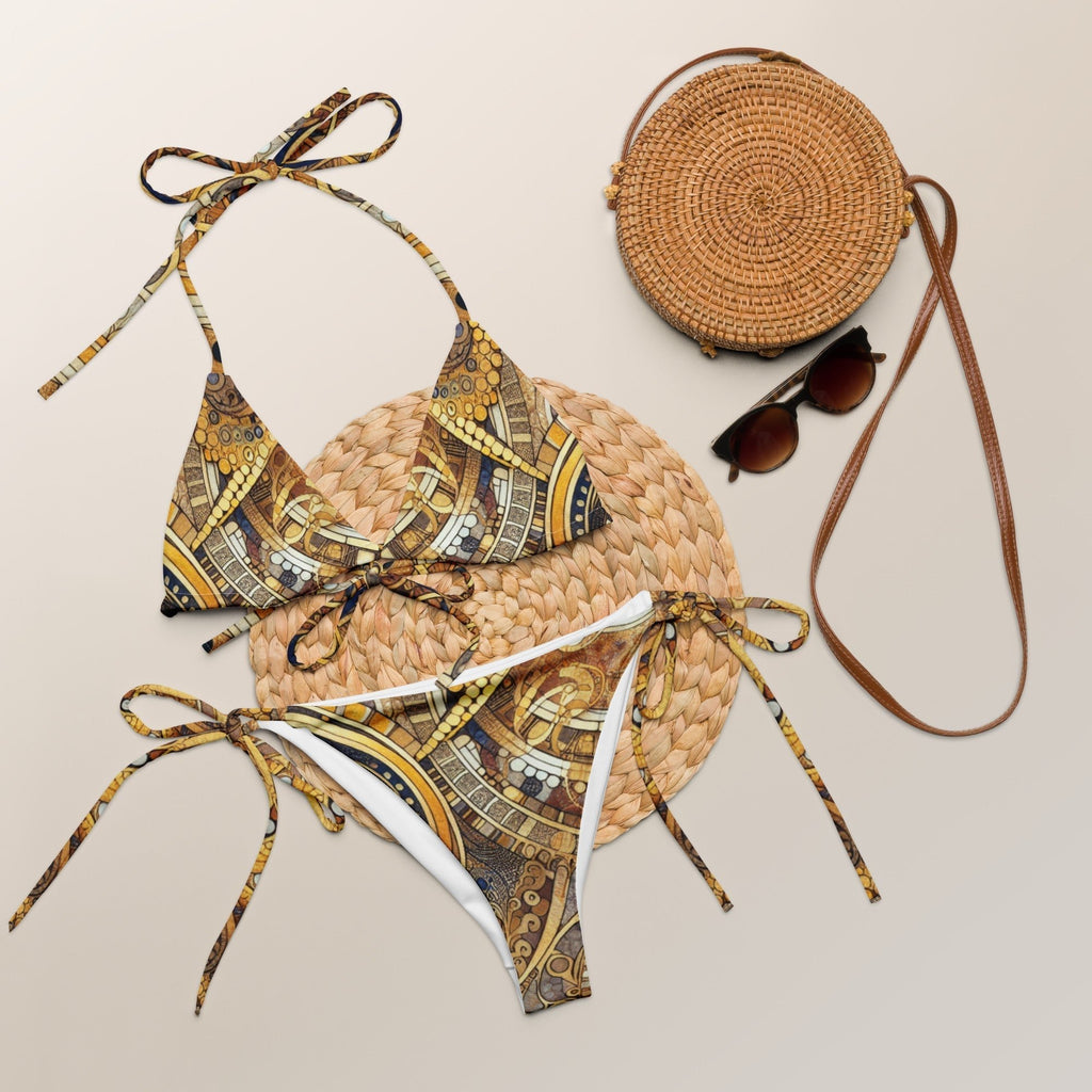 Gold Art Deco Print String Bikini Set – Elegant Vintage - Inspired Two - Piece Swimsuit with UPF 50+ - Vicky Garden