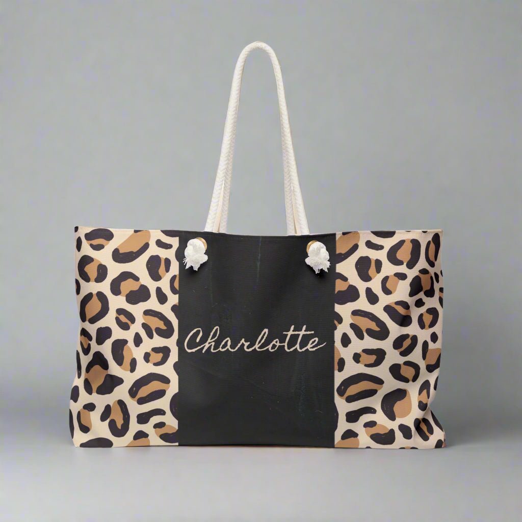 Leopard Print Weekender Bag - Custom Name Gift Idea for Beach Weekend Getaways, Animal Print Tote, Cool Travel Bag, Personalized Duffel, - Vicky Garden