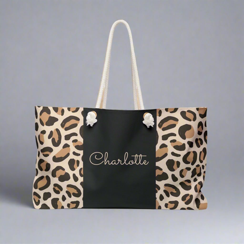 Leopard Print Weekender Bag - Custom Name Gift Idea for Beach Weekend Getaways, Animal Print Tote, Cool Travel Bag, Personalized Duffel, - Vicky Garden