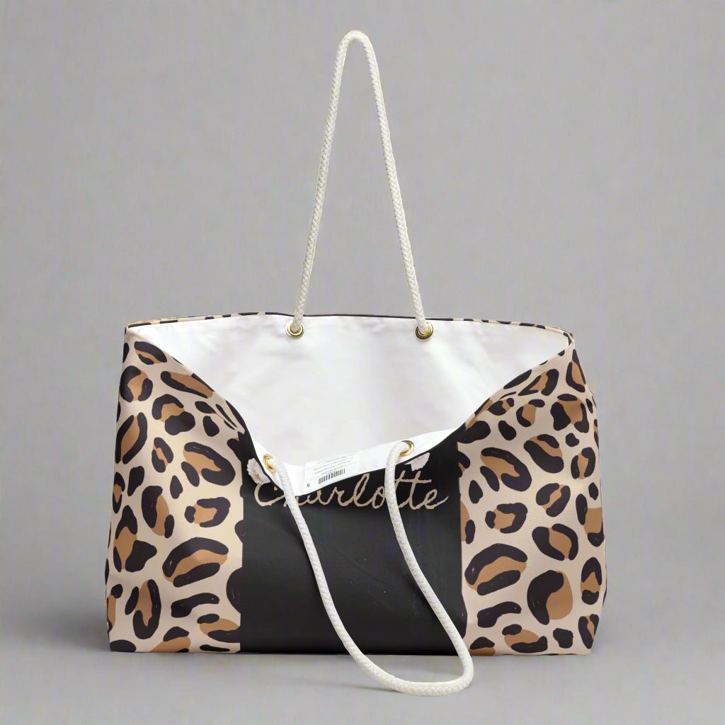 Leopard Print Weekender Bag - Custom Name Gift Idea for Beach Weekend Getaways, Animal Print Tote, Cool Travel Bag, Personalized Duffel, - Vicky Garden