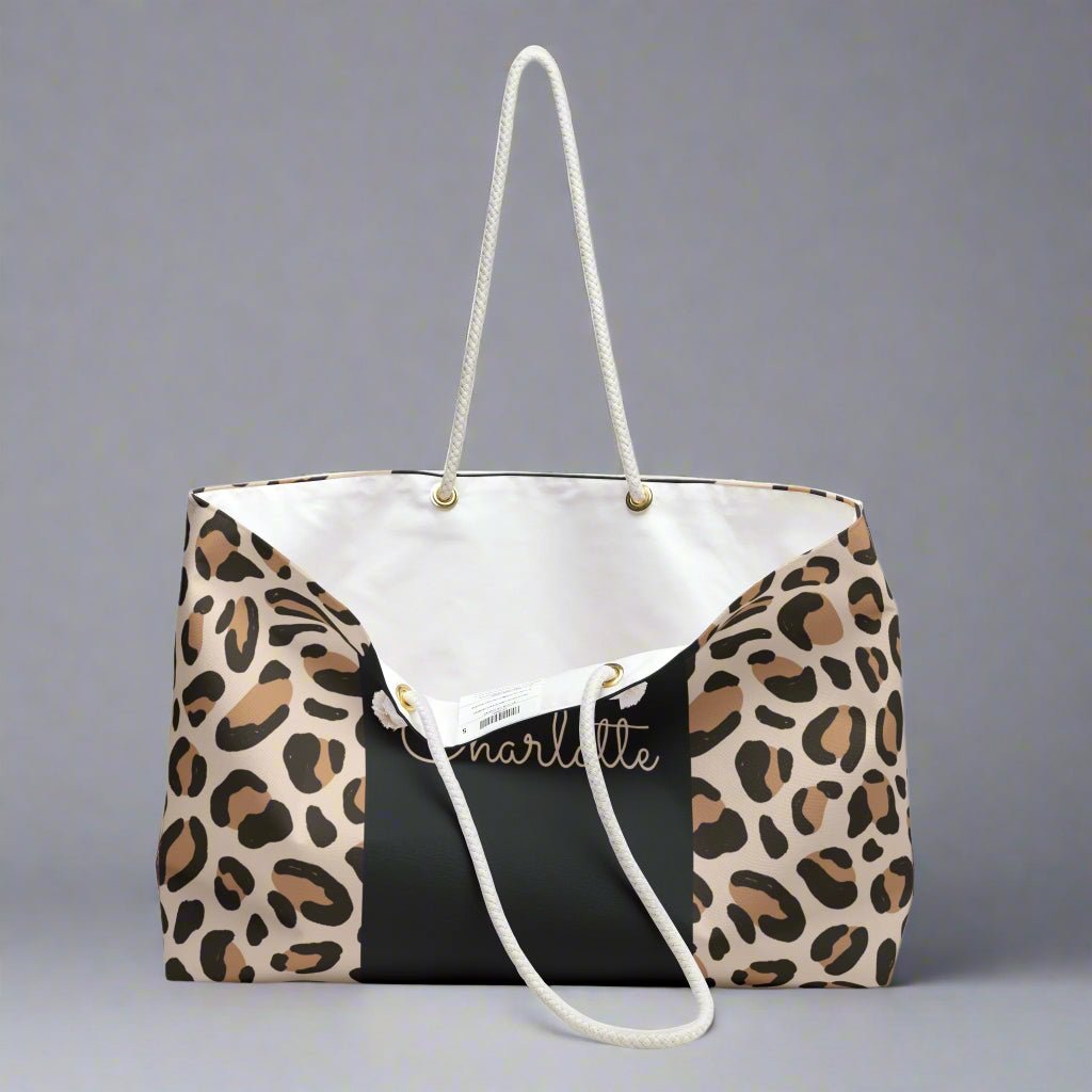 Leopard Print Weekender Bag - Custom Name Gift Idea for Beach Weekend Getaways, Animal Print Tote, Cool Travel Bag, Personalized Duffel, - Vicky Garden