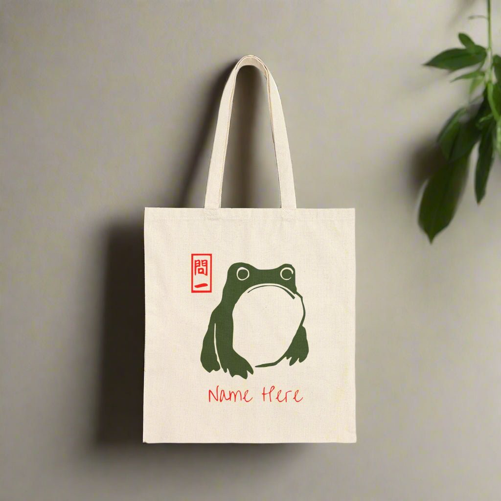 Matsumoto Hoji Frog Tote Bag - Adorable Japanese Tote Bag, Unimpressed Sad Grumpy Anime Frog Canvas Bag, Gift for Toad Lovers - Vicky Garden