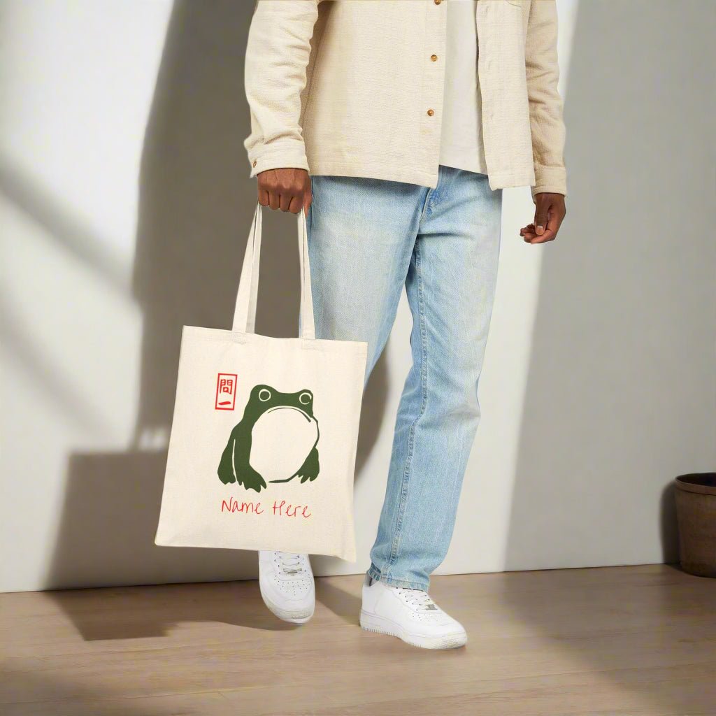 Matsumoto Hoji Frog Tote Bag - Adorable Japanese Tote Bag, Unimpressed Sad Grumpy Anime Frog Canvas Bag, Gift for Toad Lovers - Vicky Garden