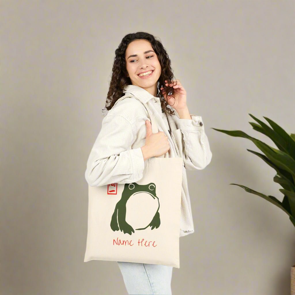 Matsumoto Hoji Frog Tote Bag - Adorable Japanese Tote Bag, Unimpressed Sad Grumpy Anime Frog Canvas Bag, Gift for Toad Lovers - Vicky Garden
