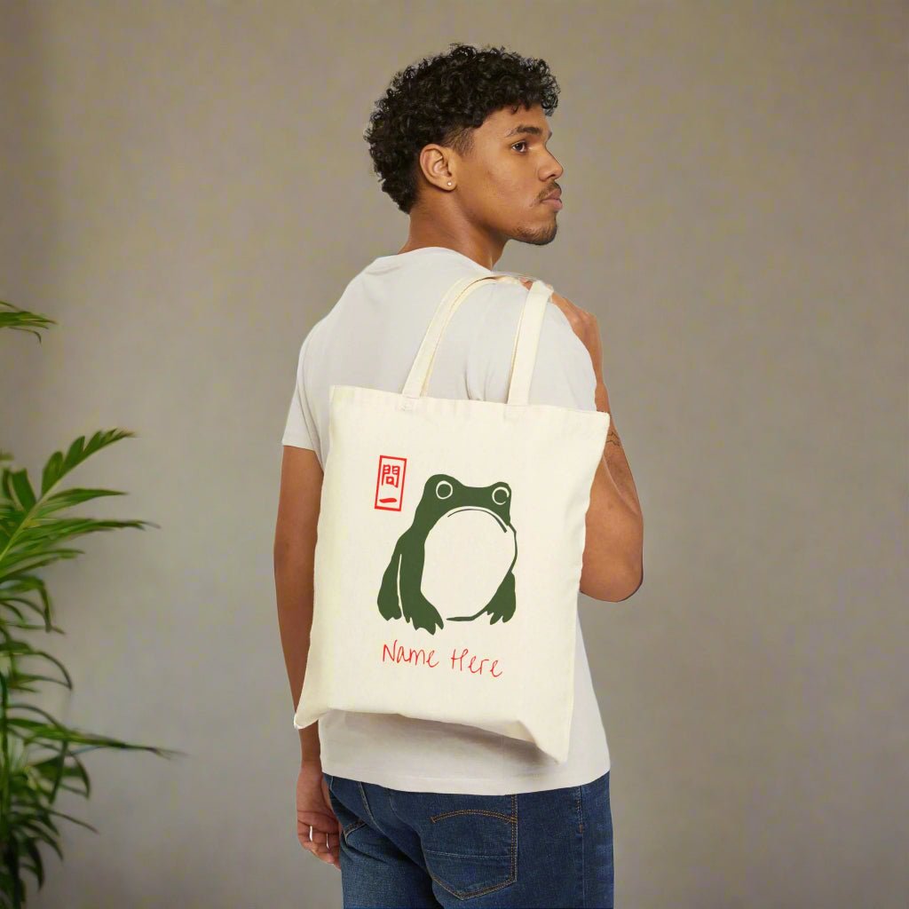 Matsumoto Hoji Frog Tote Bag - Adorable Japanese Tote Bag, Unimpressed Sad Grumpy Anime Frog Canvas Bag, Gift for Toad Lovers - Vicky Garden