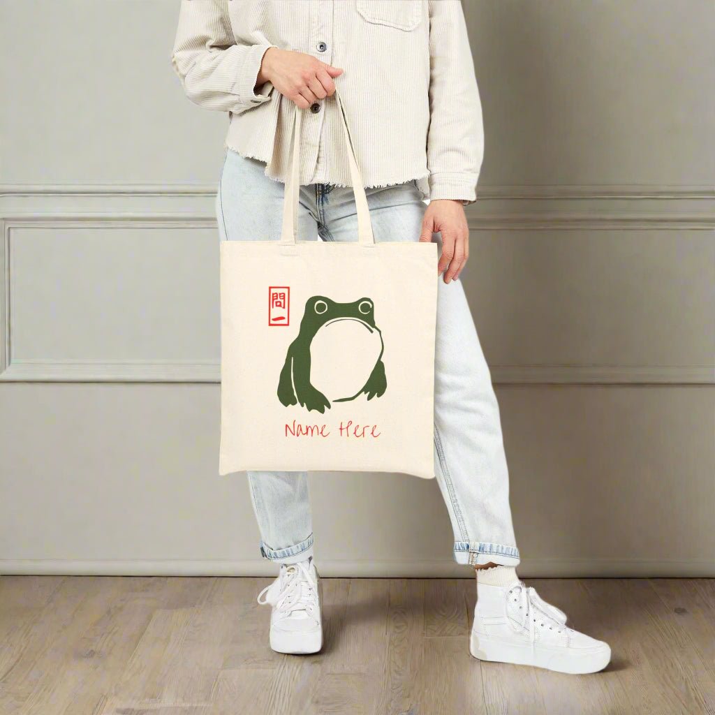 Matsumoto Hoji Frog Tote Bag - Adorable Japanese Tote Bag, Unimpressed Sad Grumpy Anime Frog Canvas Bag, Gift for Toad Lovers - Vicky Garden
