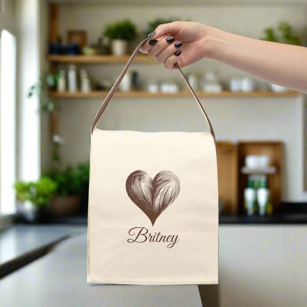 Personalized Heart Canvas Lunch Bag, Eco - Friendly Tote, Custom Lunchbox, Gift for Her, Sustainable Meal Bag - Vicky Garden