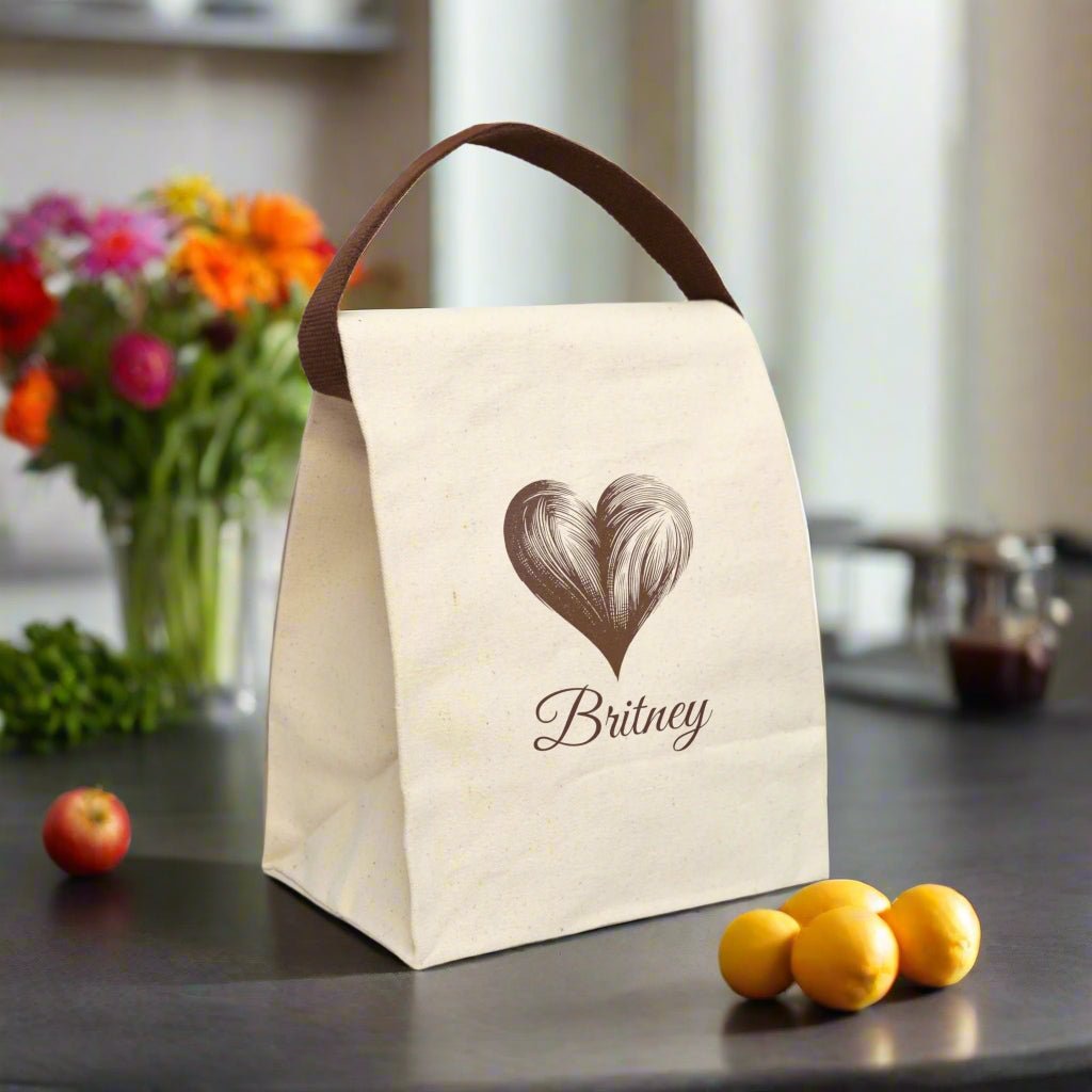 Personalized Heart Canvas Lunch Bag, Eco - Friendly Tote, Custom Lunchbox, Gift for Her, Sustainable Meal Bag - Vicky Garden